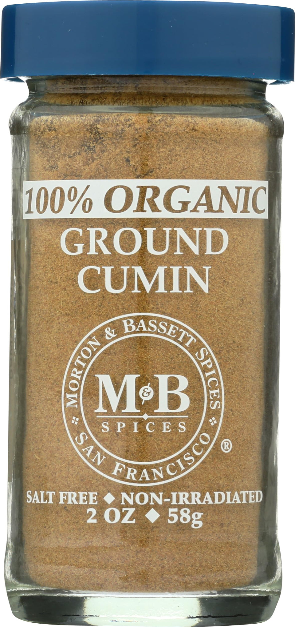 Morton & Bassett Organic Ground Cumin 2 oz jar on shelf for authentic Indian cooking.
