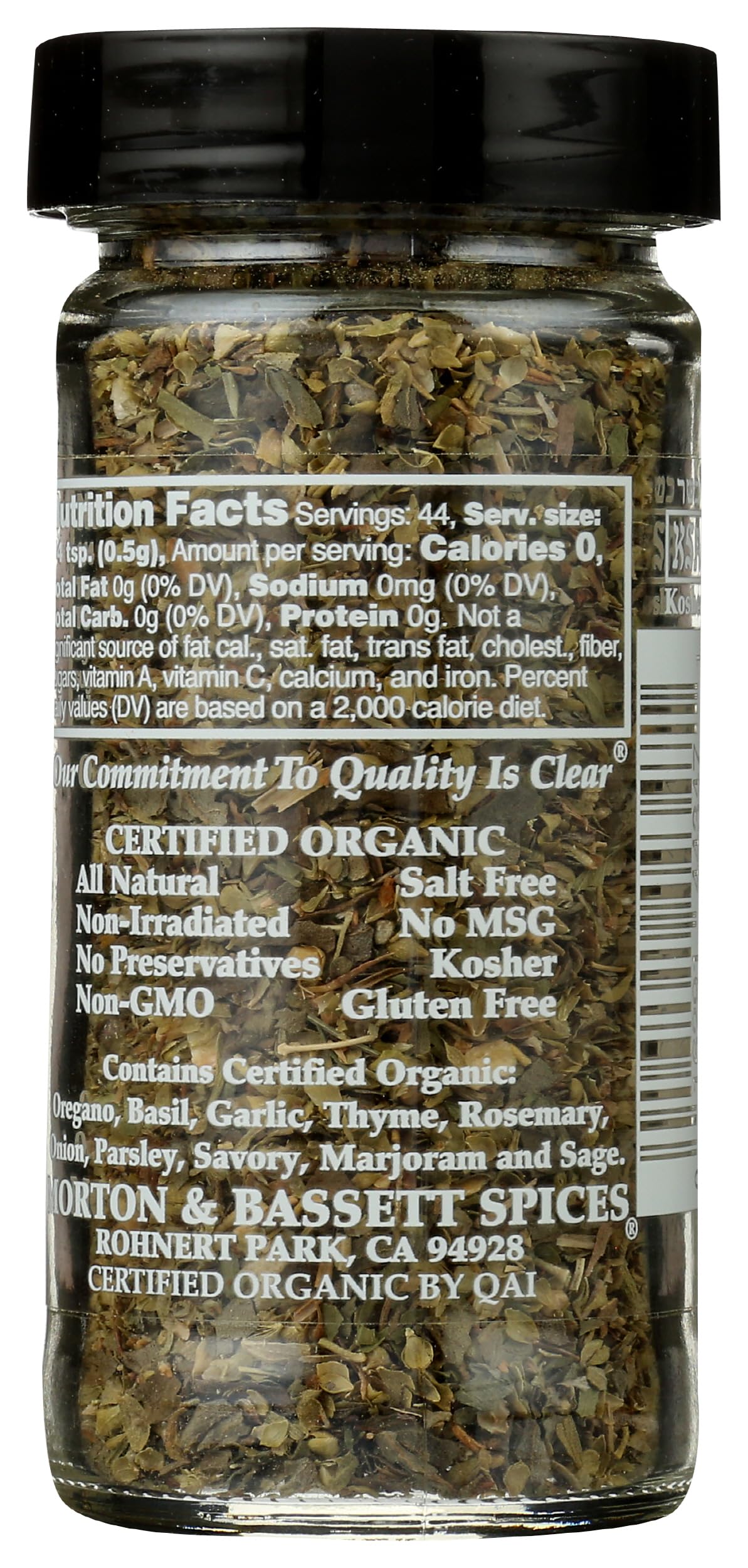 Morton & Bassett Organic Italian Herb Blend back label highlights organic quality and versatility.