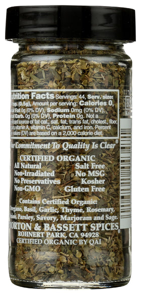 Morton & Bassett Organic Italian Herb Blend back label highlights organic quality and versatility.