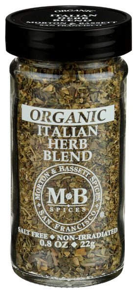 Morton & Bassett Organic Italian Herb Blend bottle front enhances pasta sauces and vegetables.