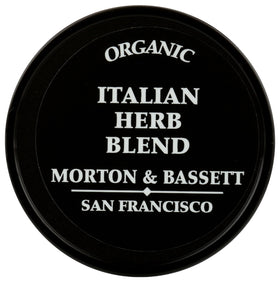 Close-up of dried herbs from Morton & Bassett Organic Italian Herb Blend for flavorful recipes.