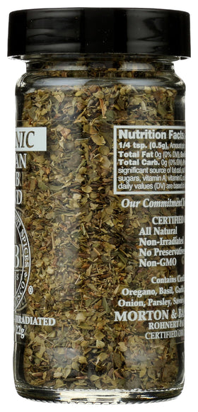 Compact 0.8 oz packaging detail from Morton & Bassett Organic Italian Herb Blend for pantries.