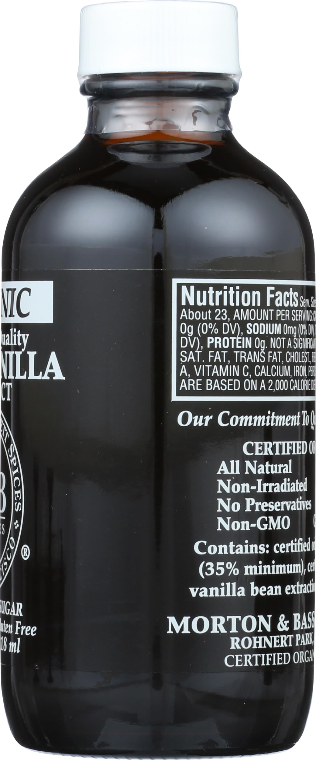 Morton & Bassett vanilla extract side-view bottle shows compact 4 oz size