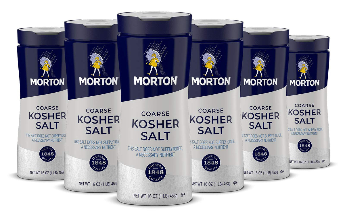 Morton Coarse Kosher Salt shaker crystals for precise seasoning at the table.