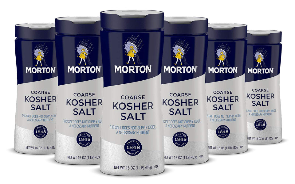 Morton Coarse Kosher Salt shaker crystals for precise seasoning at the table.