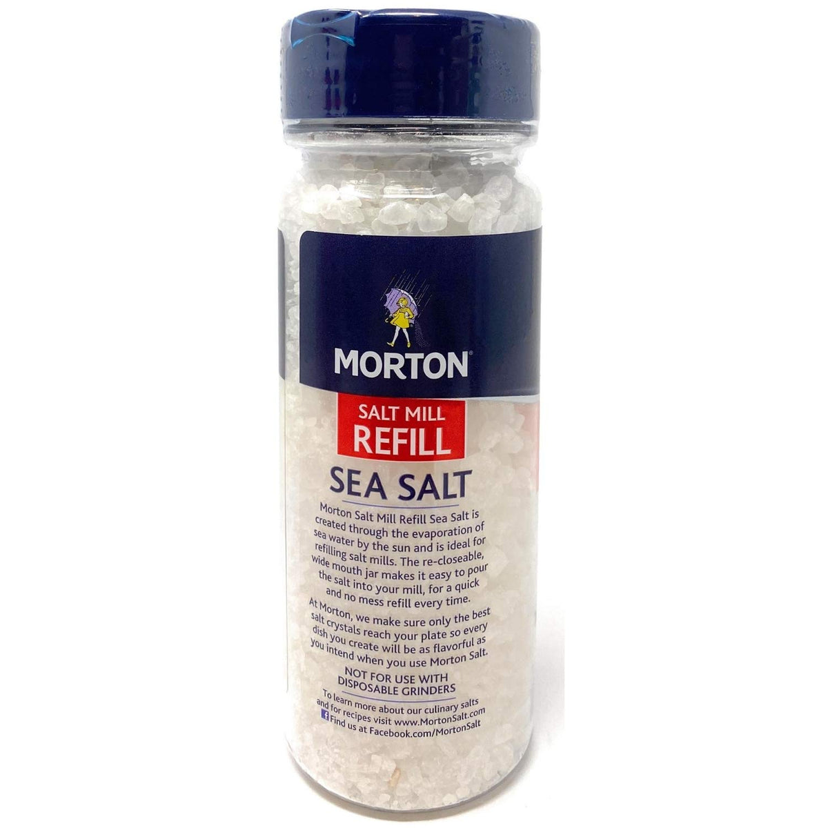 Morton extra coarse sea salt grinder refill bottle closeup showing crystal grains