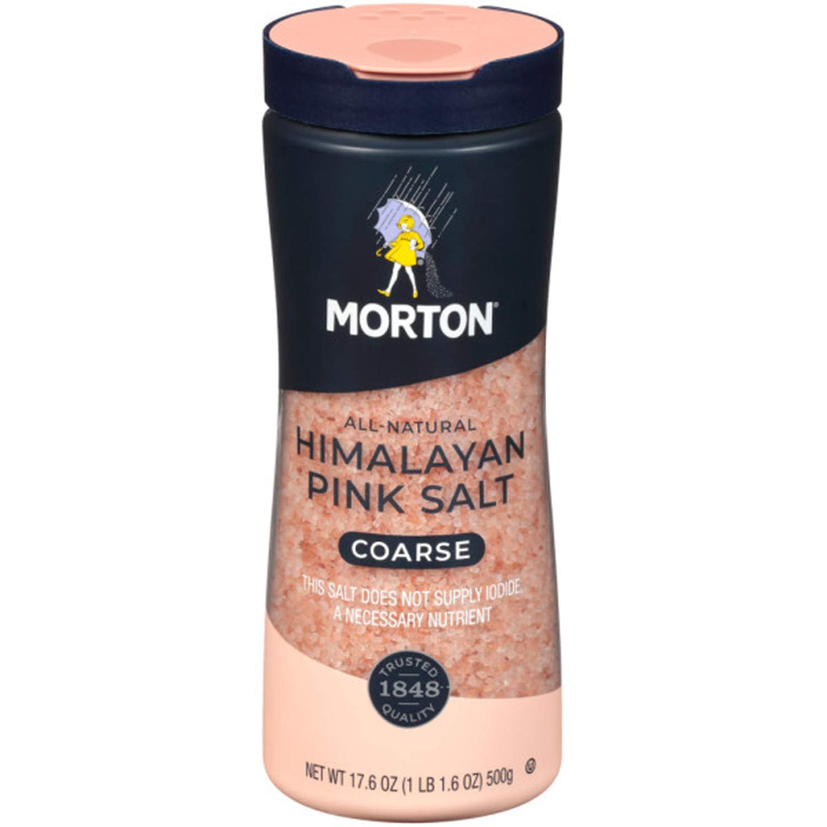 Morton Himalayan Pink Salt coarse crystals in a bottle for versatile seasoning.