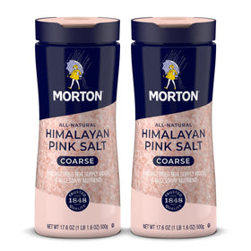 Morton Himalayan pink salt coarse crystals in a two-pack jar for natural mineral flavor