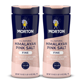 Morton Himalayan Pink Salt fine 2-pack bottle front showing pink crystals for everyday seasoning.