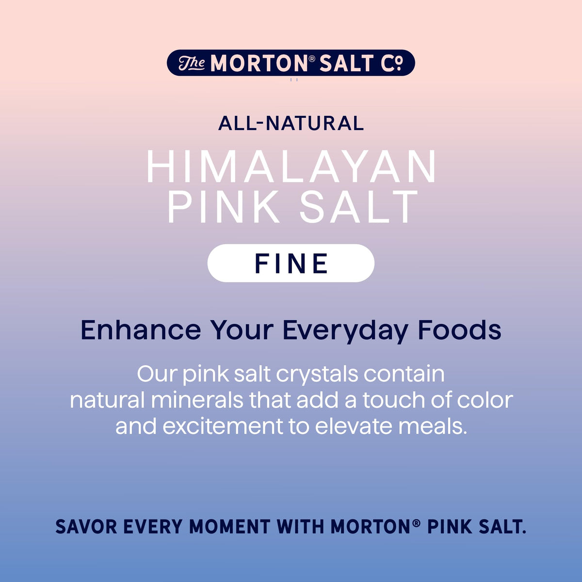 Morton Himalayan Pink Salt 2-pack in kitchen setting with measuring spoon for baking and cooking.