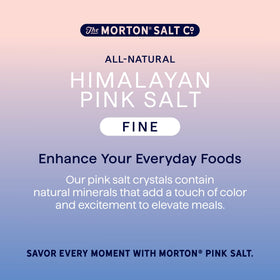 Morton Himalayan Pink Salt 2-pack in kitchen setting with measuring spoon for baking and cooking.