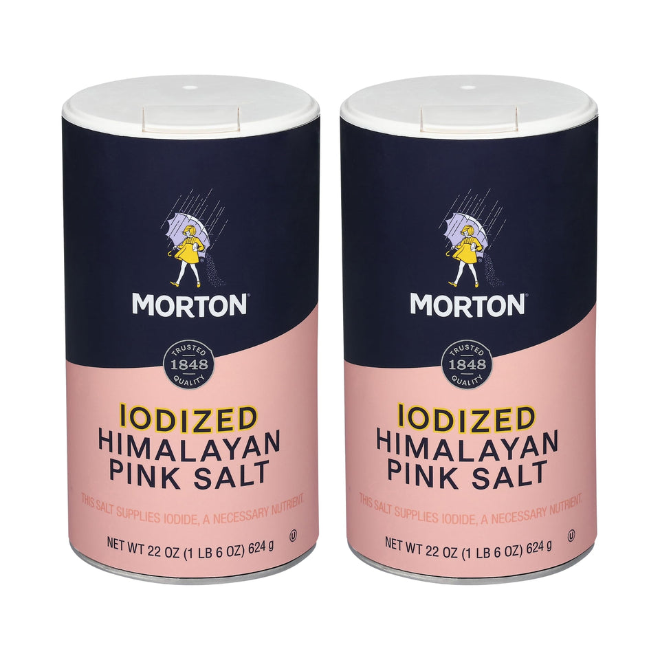 Morton iodized Himalayan pink salt crystals ready for seasoning.