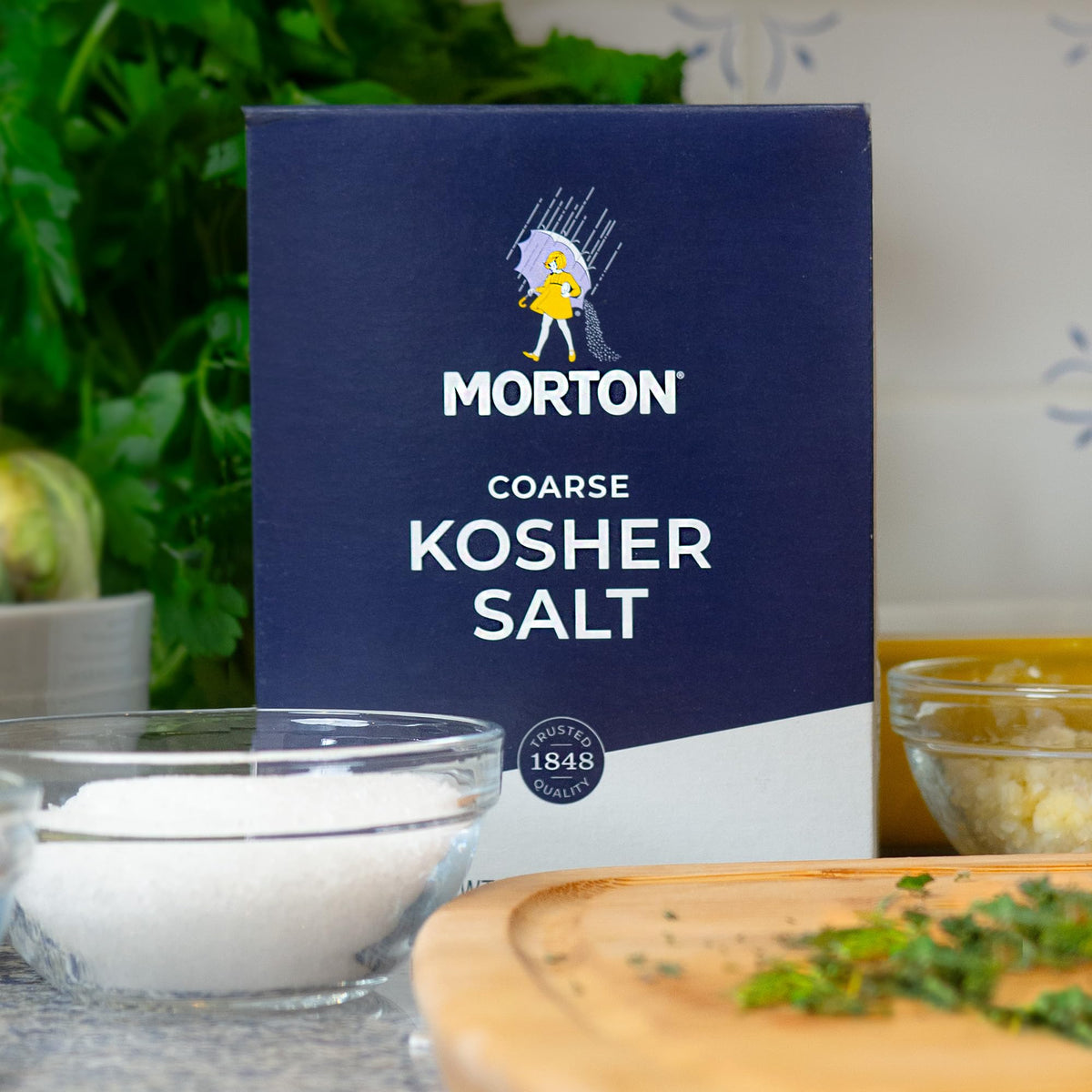 Morton Kosher Salt on a glass rim, ideal for cocktail preparation.
