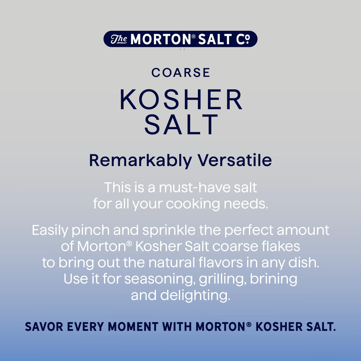 Morton Kosher Salt coarse grains used for grill seasoning and rubs.