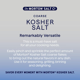 Morton Kosher Salt coarse grains used for grill seasoning and rubs.