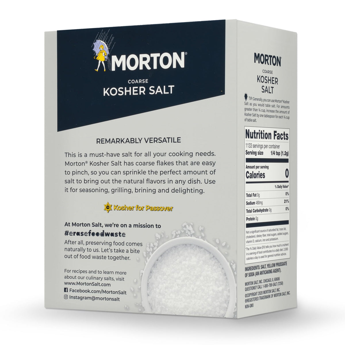 Morton Kosher Salt coarse jar with pour lid, ready for quick seasoning.