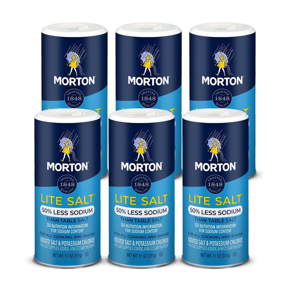 Morton Lite Salt 11 oz pack, six-pack, reduced-sodium seasoning for cooking and baking