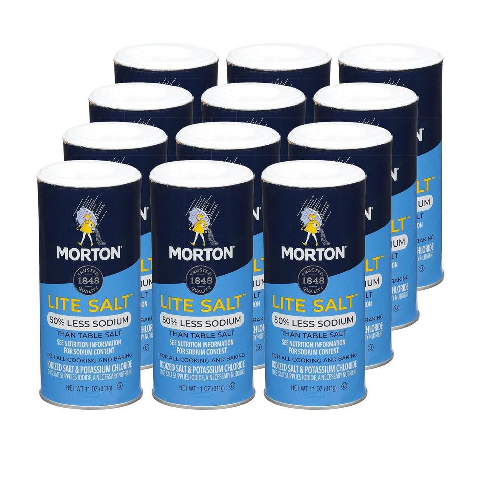 Morton Lite Salt bottle pour showing a reduced-sodium seasoning option for daily cooking