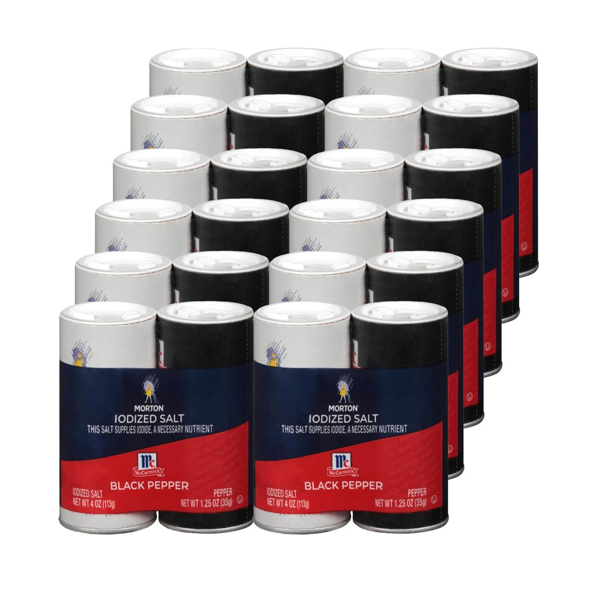 Morton McCormick iodized salt and pepper shakers on table for everyday seasoning
