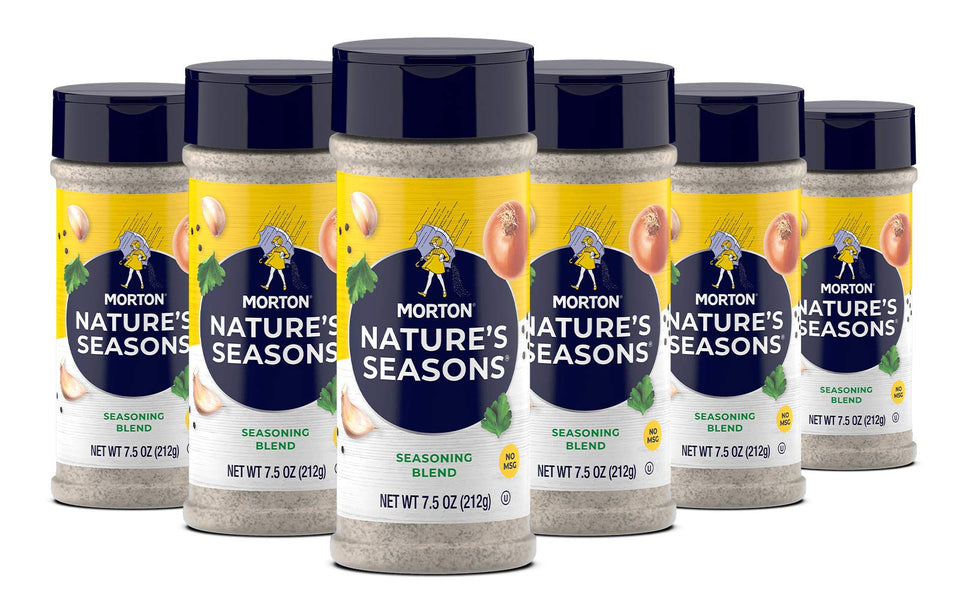 Morton Nature's Seasons seasoning blend on a shaker, ideal for lighter meals and tastier chicken