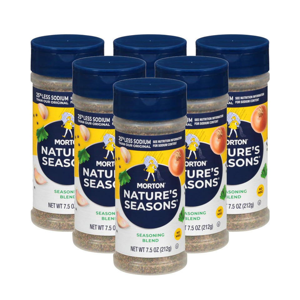 Morton Nature's Seasons seasoning blend bottle on kitchen counter showing savory aroma