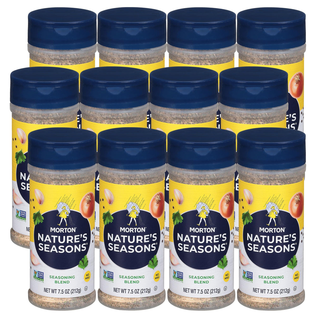 Morton Nature's Seasons seasoning bottle adds balanced flavor to light dishes like chicken and salads.