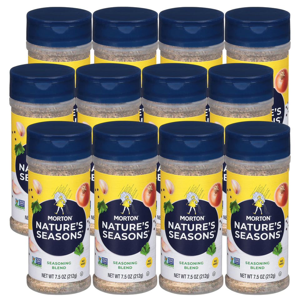 Morton Nature's Seasons seasoning bottle adds balanced flavor to light dishes like chicken and salads.