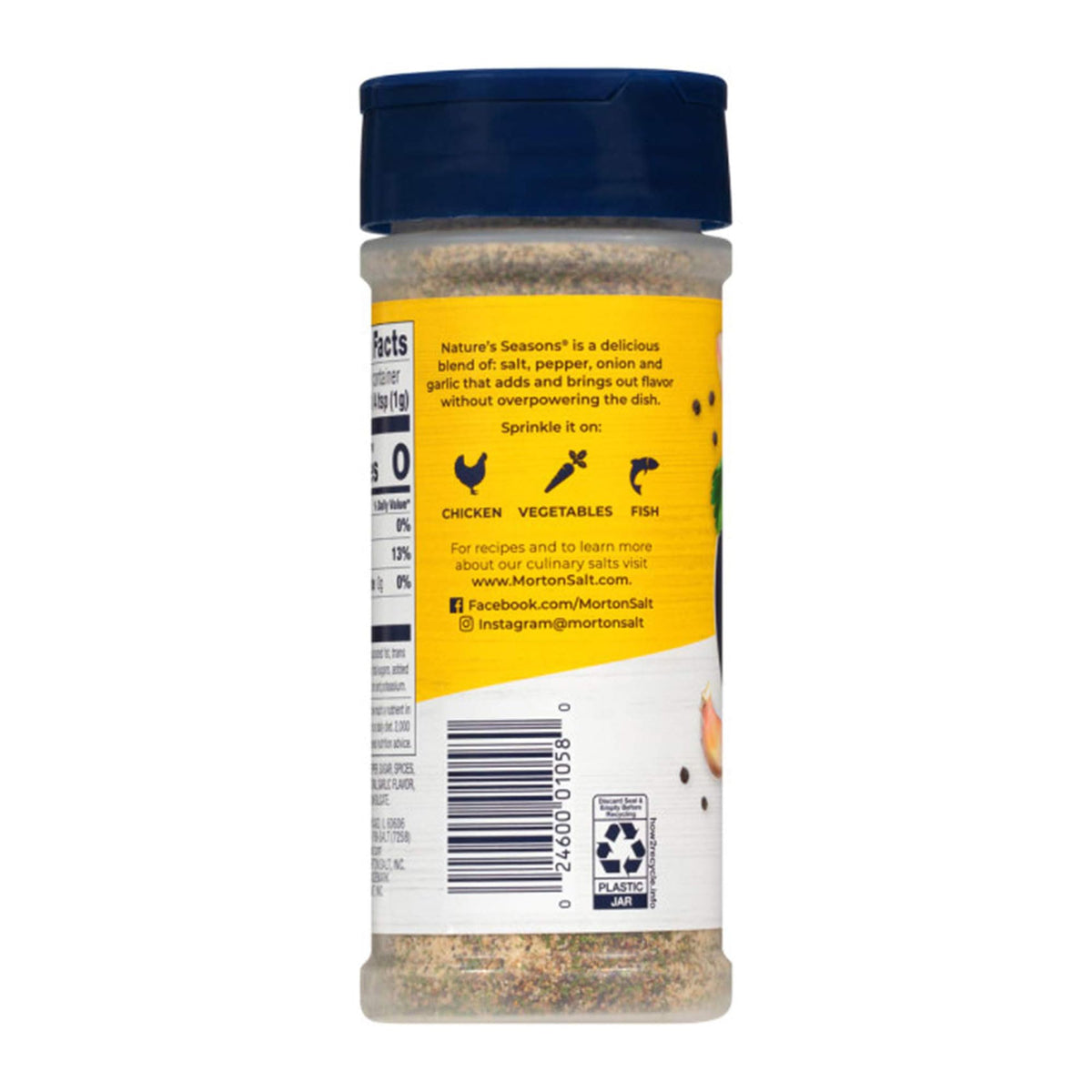 Morton Nature's Seasons seasoning being sprinkled, perfect for dips, salads, and breads.