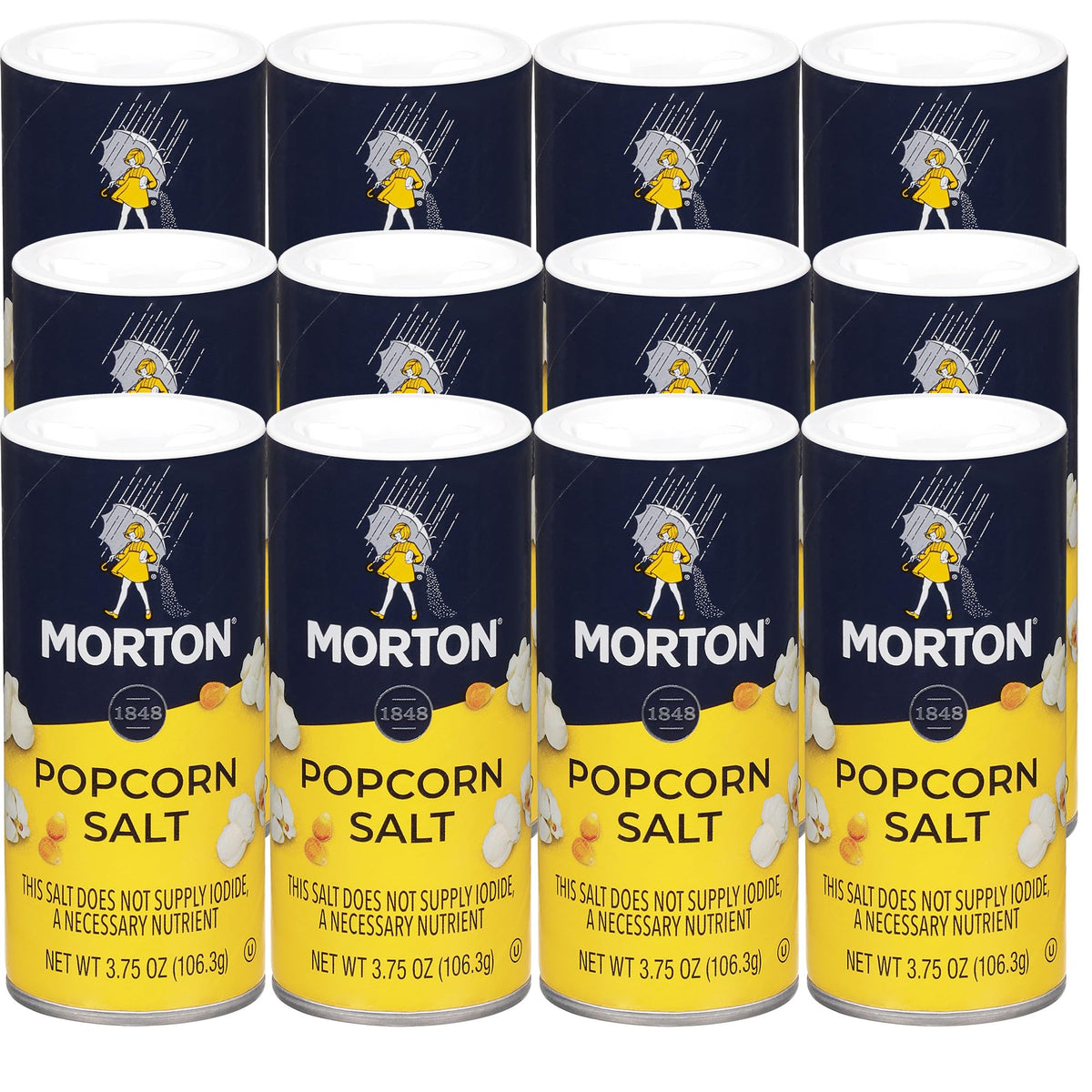 Morton popcorn salt 3.75oz 12-pack pack shot, ideal finishing for popcorn