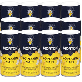 Morton popcorn salt 3.75oz 12-pack pack shot, ideal finishing for popcorn