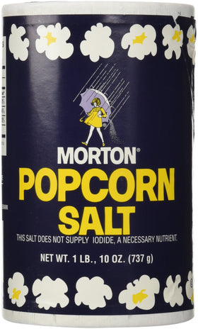Morton popcorn salt jar with ultra-fine crystals for even popcorn seasoning.