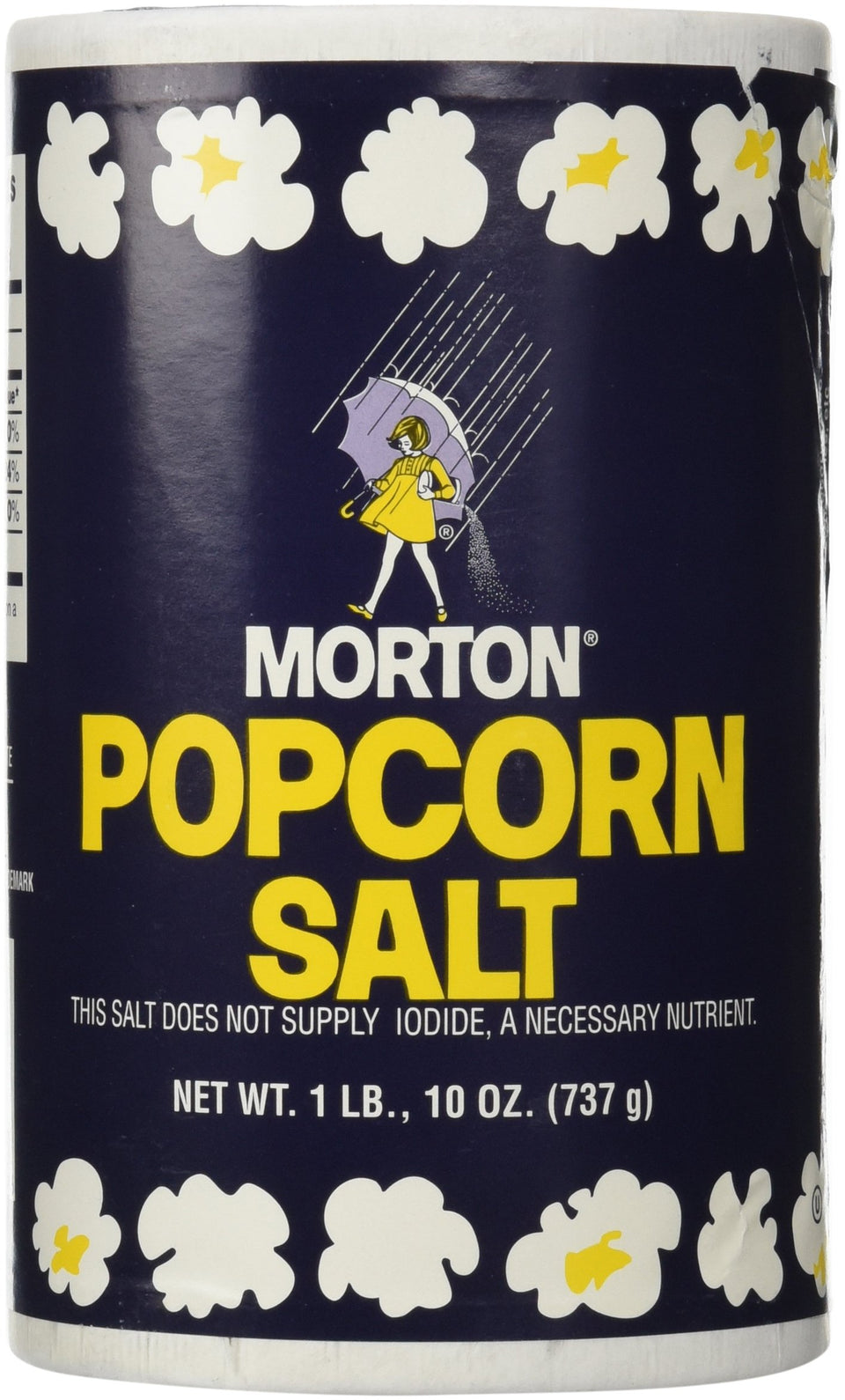 Morton popcorn salt jar with ultra-fine crystals for even popcorn seasoning.