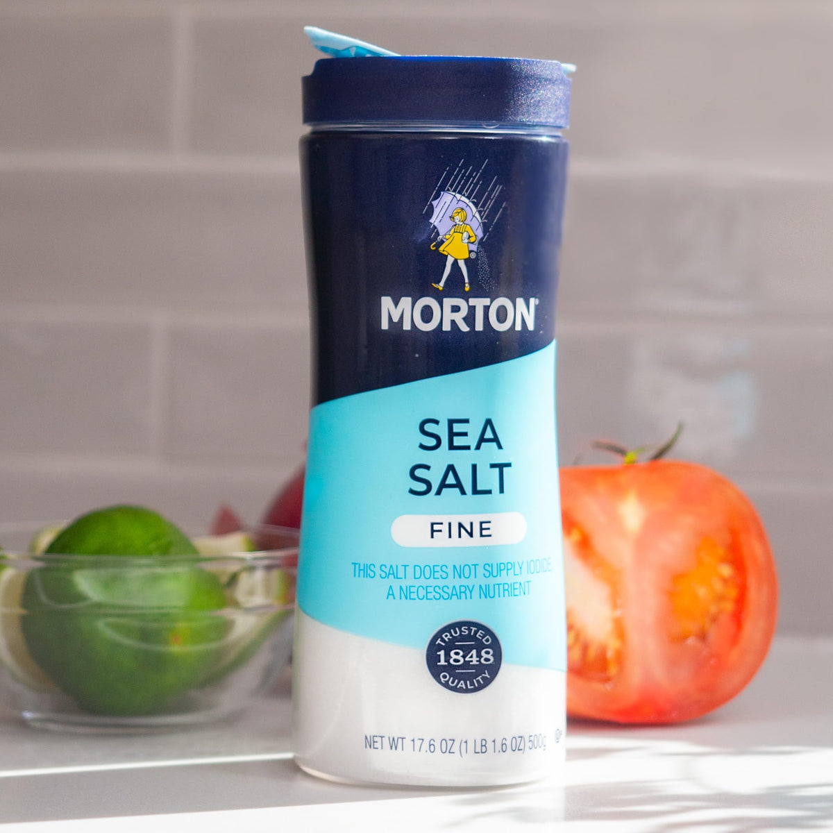 Morton Coarse Sea Salt bottle pour ideal for rubs and finishing crunch.