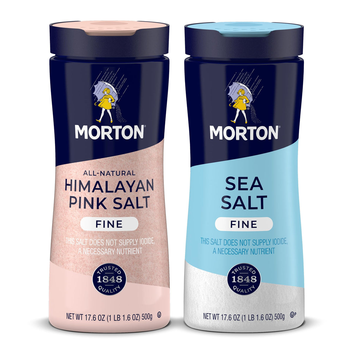 Morton Shaker Set front view showing sea salt and Himalayan pink salt for versatile cooking