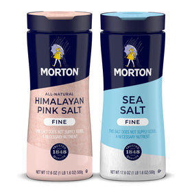 Morton Shaker Set front view showing sea salt and Himalayan pink salt for versatile cooking