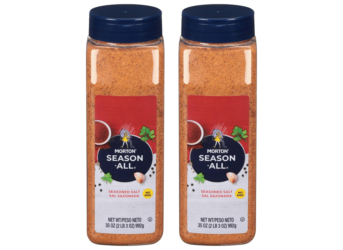 Morton Season-All Club 35oz bottle pour demonstrates versatile seasoning for beef, poultry, and vegetables.