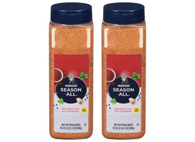 Morton Season-All Club 35oz bottle pour demonstrates versatile seasoning for beef, poultry, and vegetables.