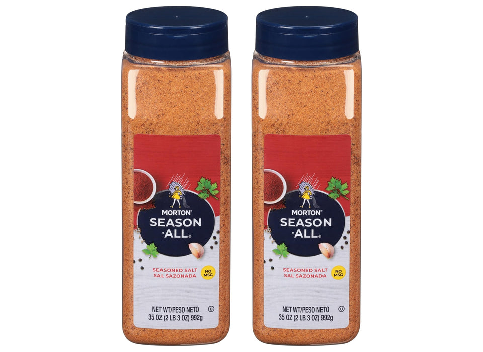 Morton Season-All Club 35oz bottle pour demonstrates versatile seasoning for beef, poultry, and vegetables.