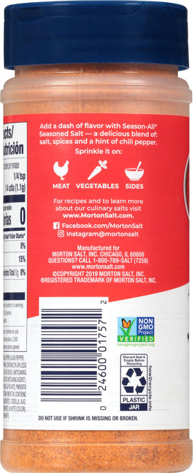 Morton Season-All label close-up showing MSG-free, versatile blend