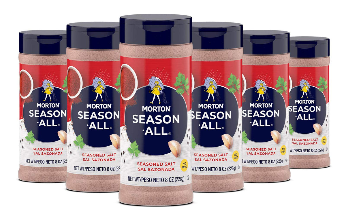 Morton Season-All seasoned salt bottle on table, perfect for grilling and everyday seasoning