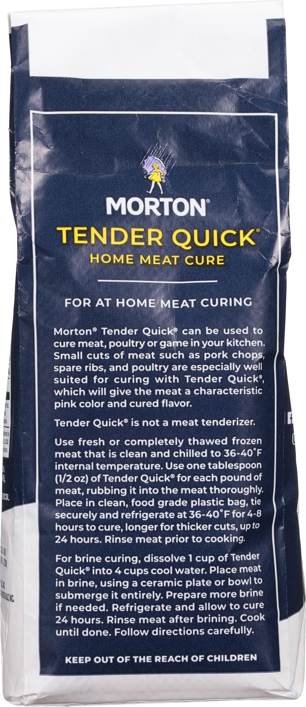Morton Tender Quick 2 lb bag on kitchen counter enables quick meat curing for pork or poultry.