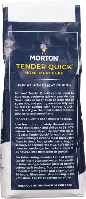 Morton Tender Quick 2 lb bag on kitchen counter enables quick meat curing for pork or poultry.