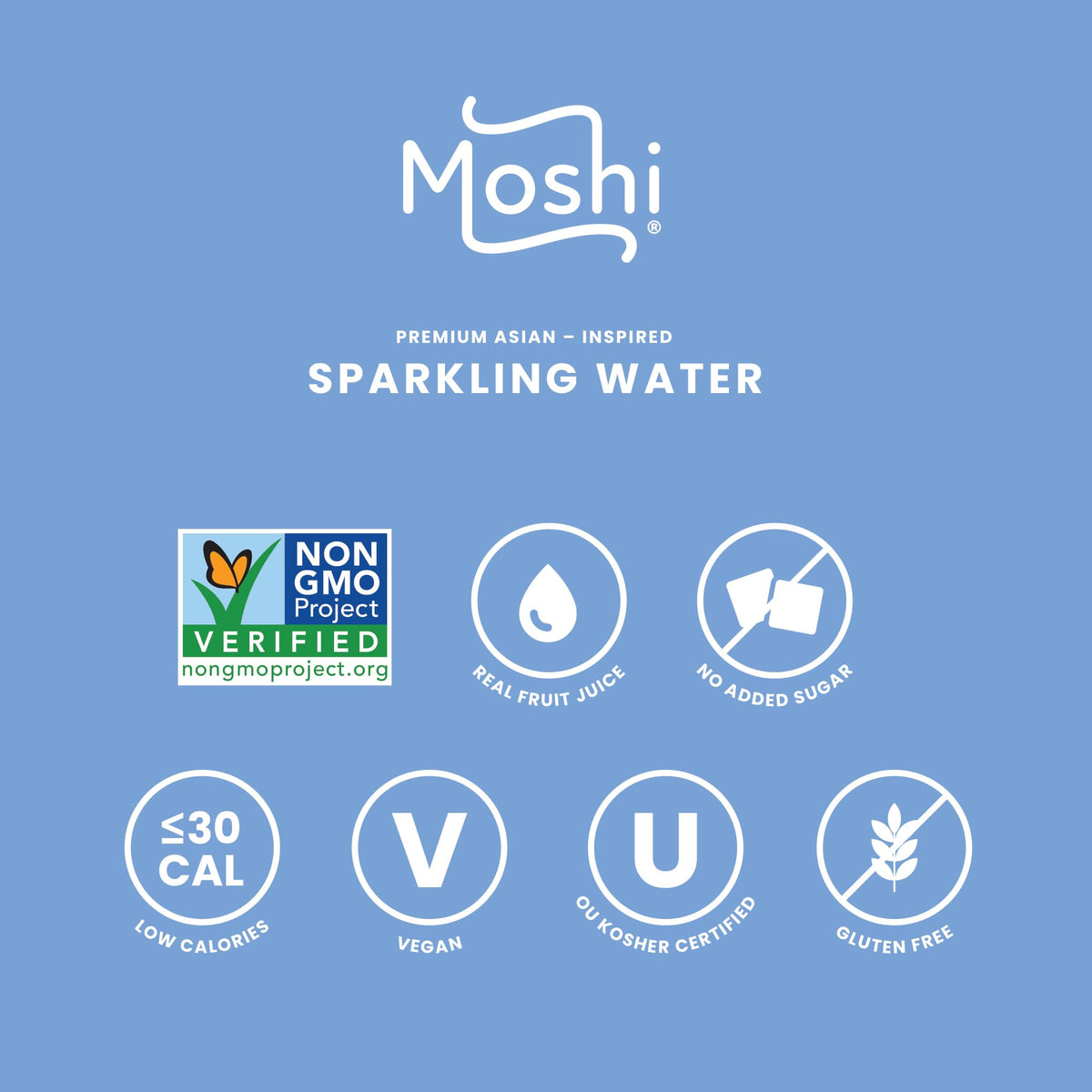 Moshi all natural, preservative-free, non-GMO attributes emphasized for transparent ingredients