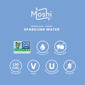 Moshi all natural, preservative-free, non-GMO attributes emphasized for transparent ingredients