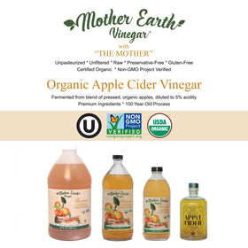 Glass bottle of Mother Earth ACV on a kitchen shelf.