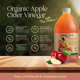 Mother Earth ACV bottle with The Mother for authentic probiotic appeal.