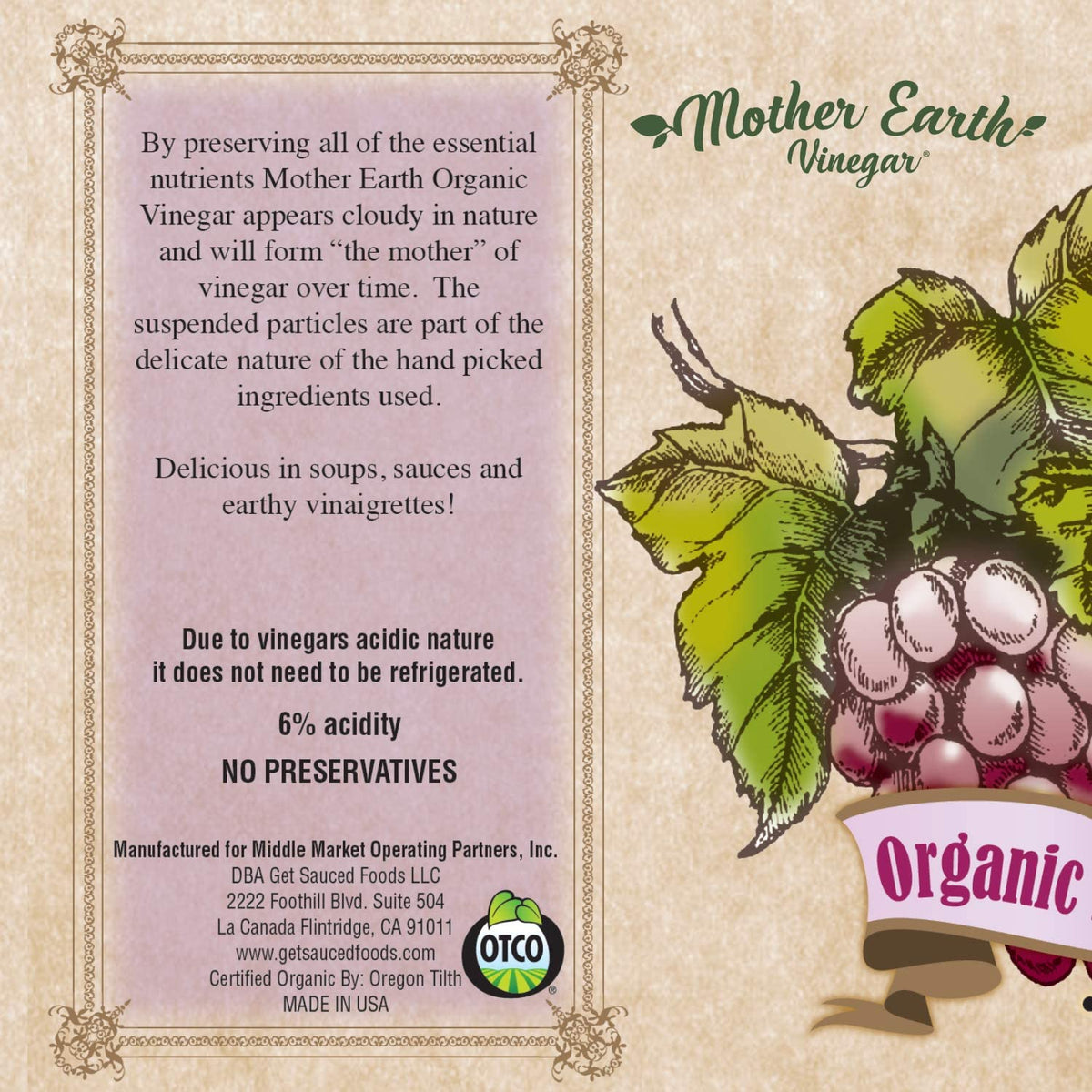 Mother Earth Cabernet grapes artwork on label, premium presentation.