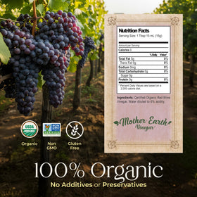Mother Earth Organic Red Wine Vinegar label shows Certified Organic status quality.