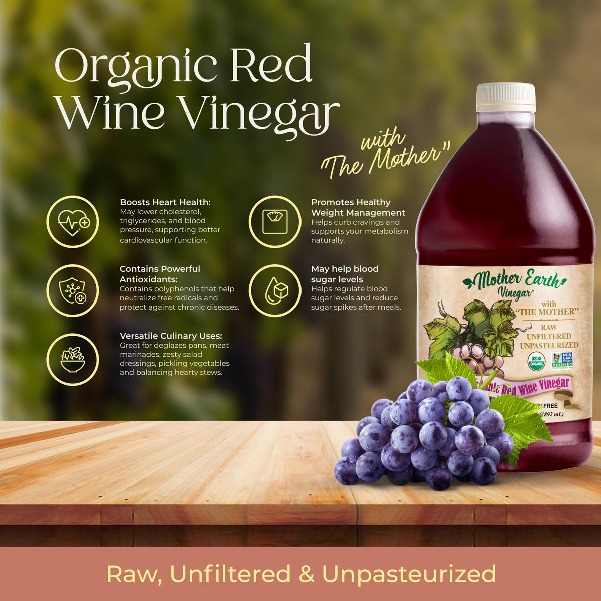 Mother Earth Organic Red Wine Vinegar pour, quick flavor boost for salads.