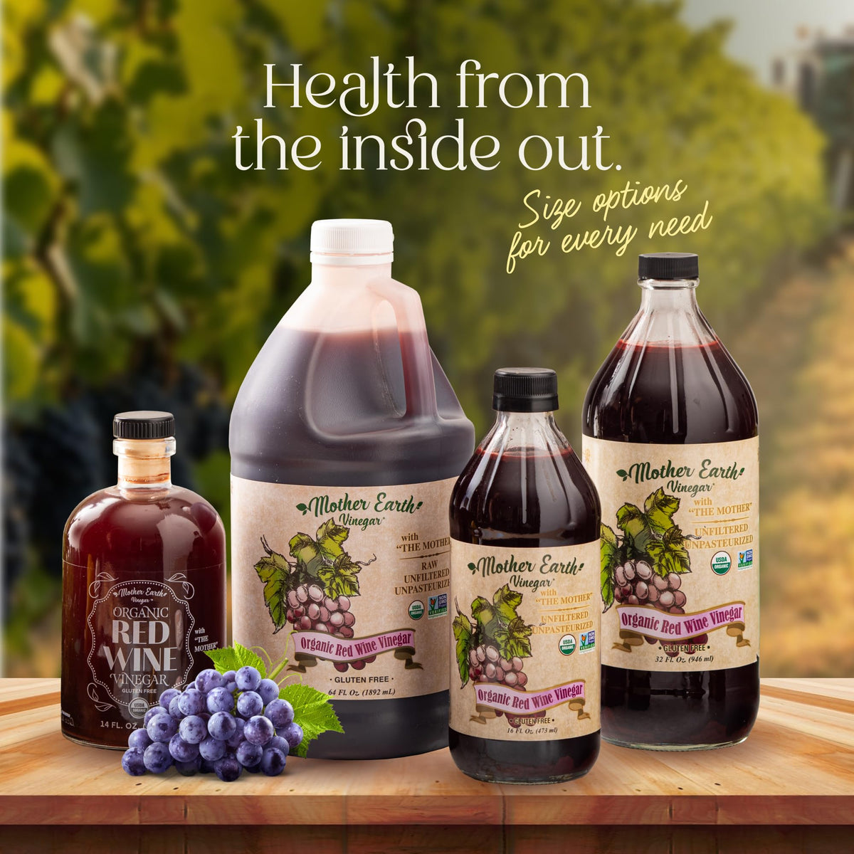 Mother Earth Red Wine Vinegar bottle pouring over greens for vibrant dressings.